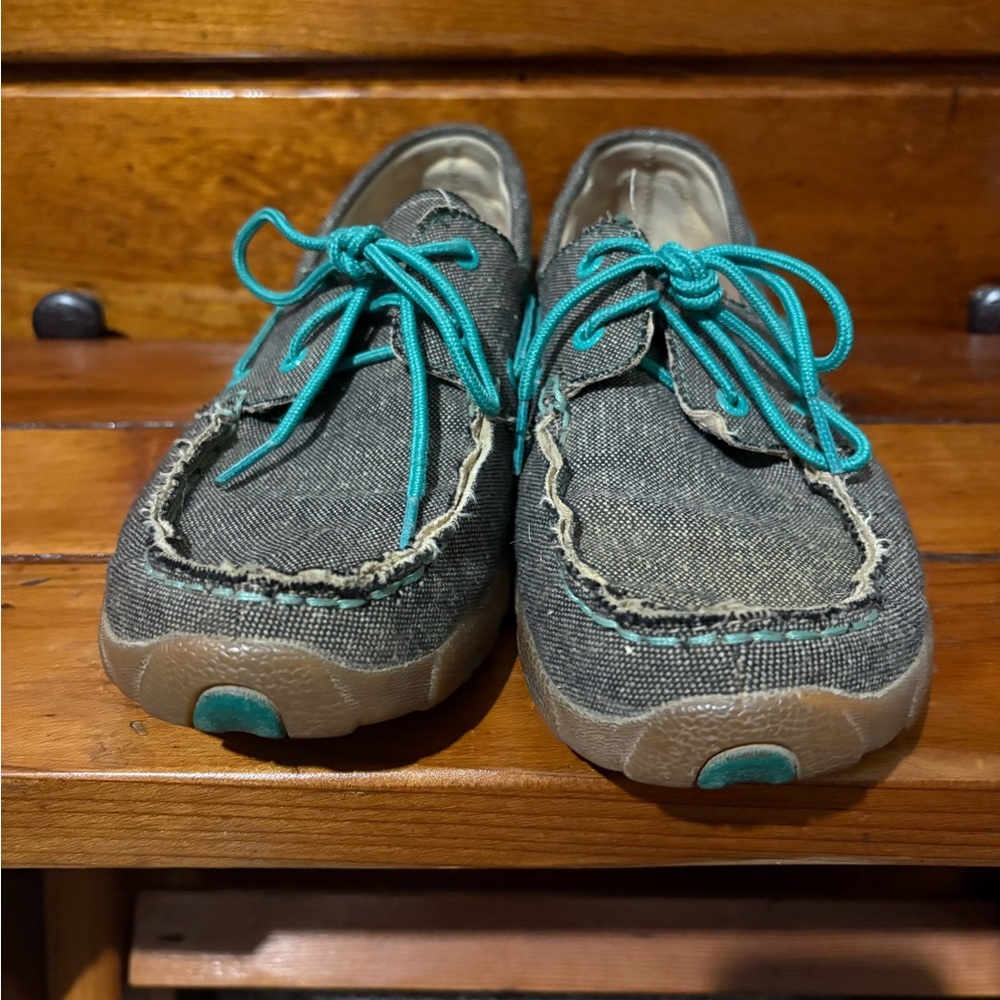 Twisted X Gray Canvas Moccasin Shoes with Teal Laces